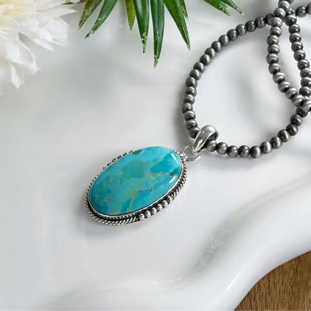 Southwest Boho 925 Genuine Mohave Turquoise Pendant Navajo Pearl Style Necklace - Picture 2 of 5
